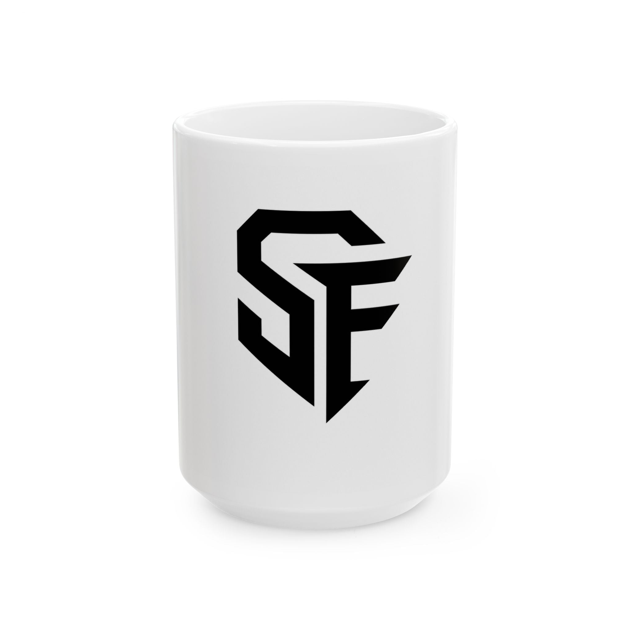SF Monogram Ceramic Mug — Bold Black Logo Coffee Cup (11oz)
